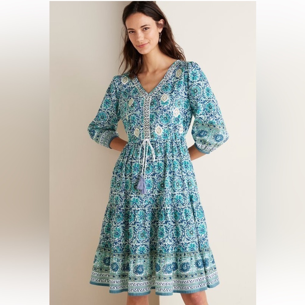 NWOT Soft Surroundings Teal Gold Nerissa Mini Tassel Dress PXS